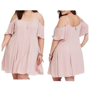 TORRID Pink Swing Dress Plus sz 1 Cold Shoulder Flutter Sleeve Pleated Lined